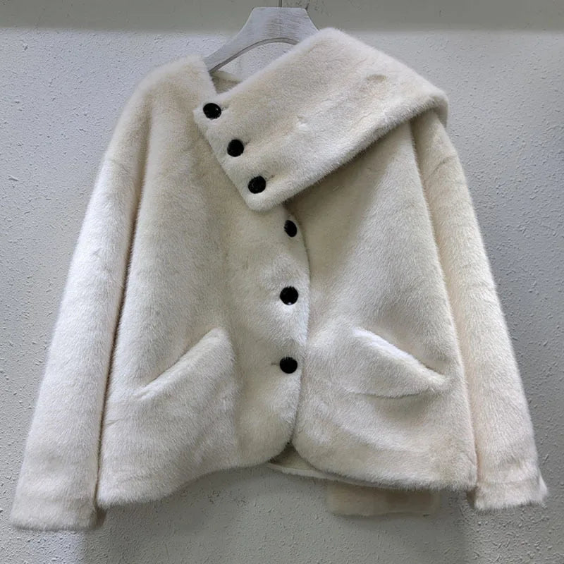 Winter New Fashion Scarf Mink Fur Warm Jacket For Women Loose Solid Color Single-breasted Short Coat Female