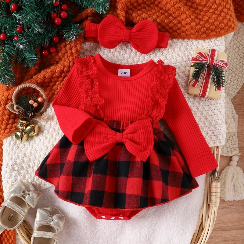 Ugly Sweater Party - Baby girl Christmas style pit stripe splicing lace plaid triangle bag fart jacket set