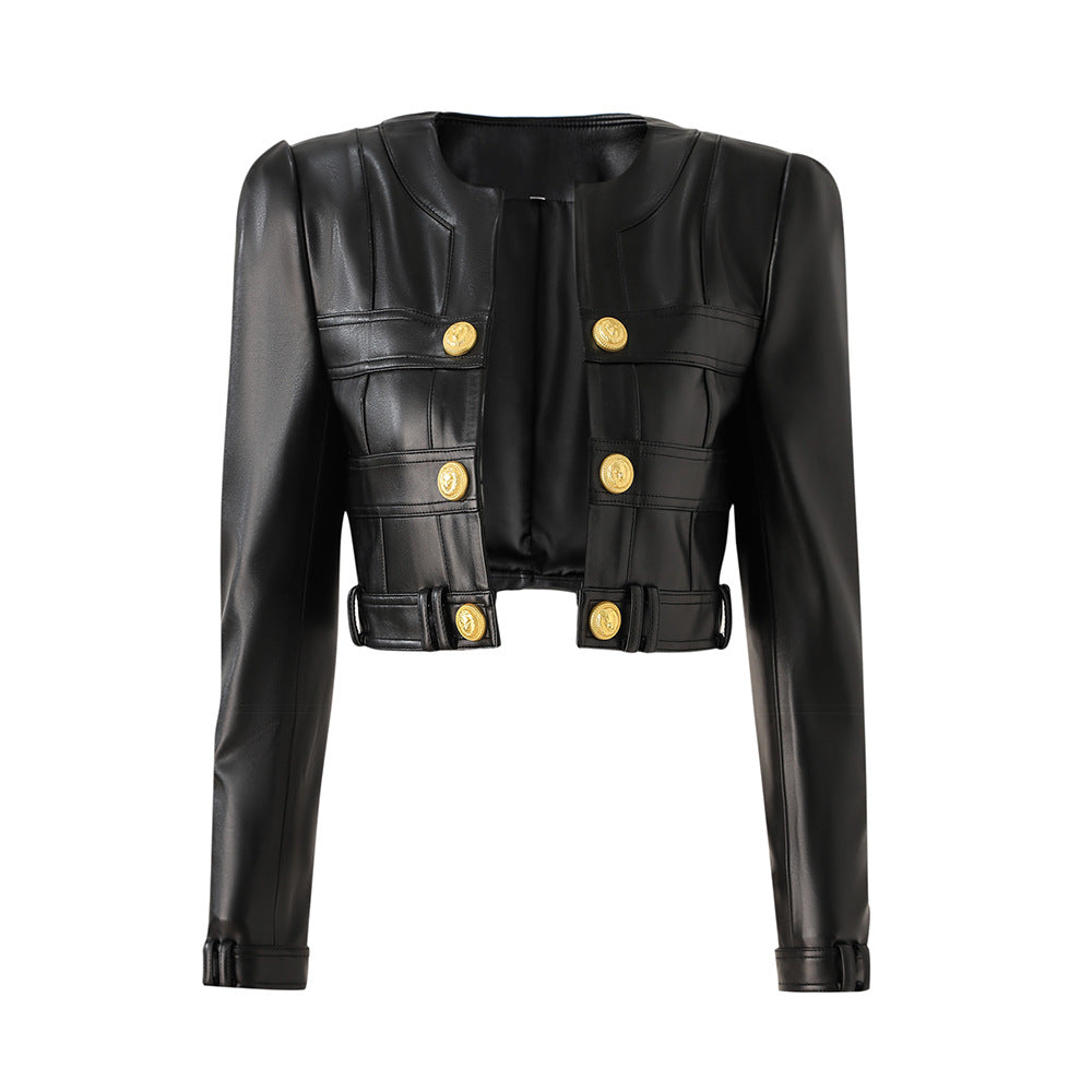 PU leather splicing small round neck shoulder pad cardigan high street style small jacket top temperament small jacket