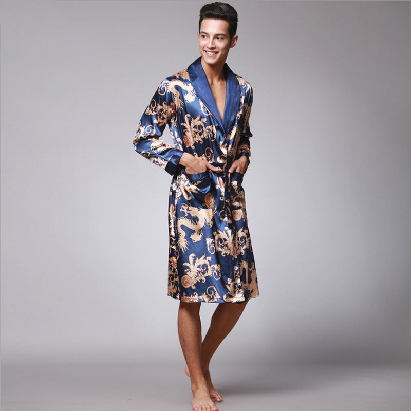 Nightgown Silk Ice Silk Men's Pajamas Men's Long Sleeve Nightgown Bathrobes Home Clothing