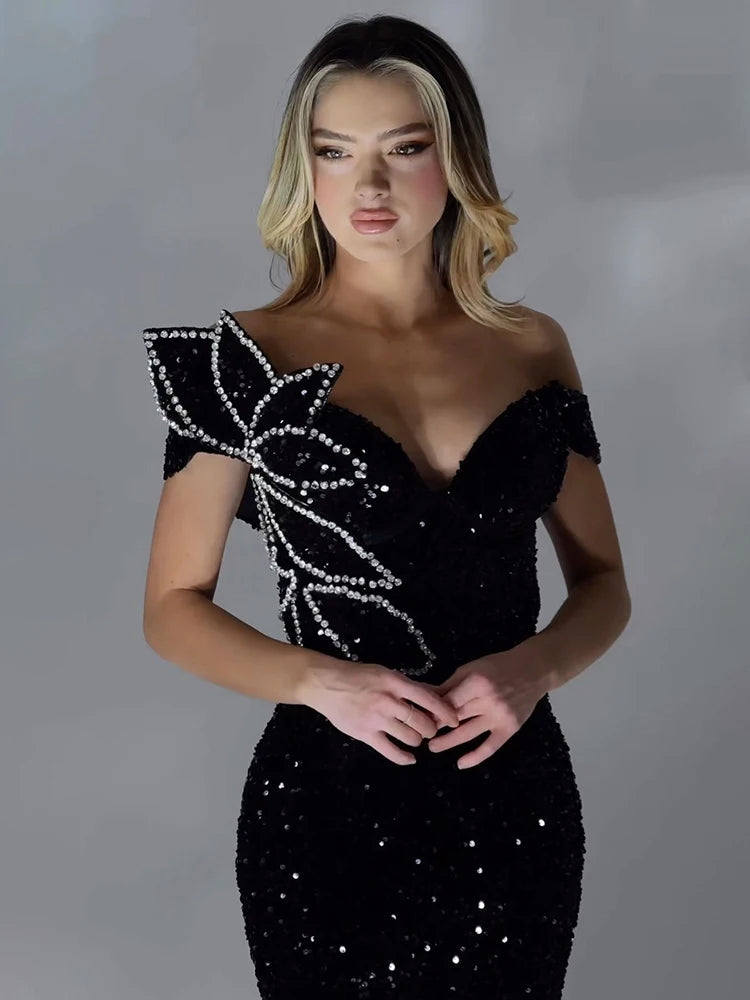 Flash Diamond V-Neck Off Shoulder Black Sequin Dress