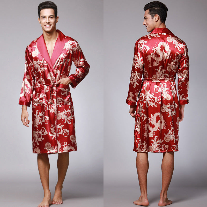 Nightgown Silk Ice Silk Men's Pajamas Men's Long Sleeve Nightgown Bathrobes Home Clothing