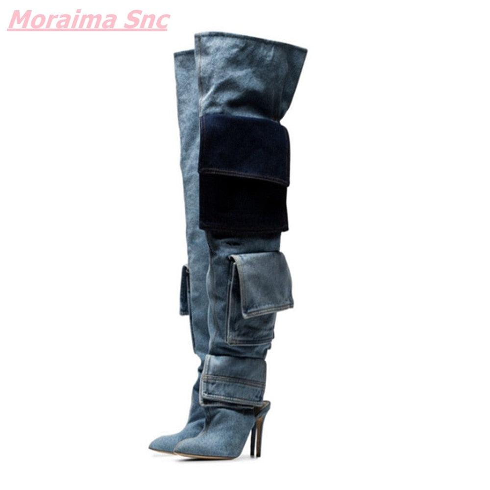 Patchwork Denim Women's Boots Slip-On Pointed Toe Over-the-Knee Fashion Turned-over Edge Cool Modern Boots