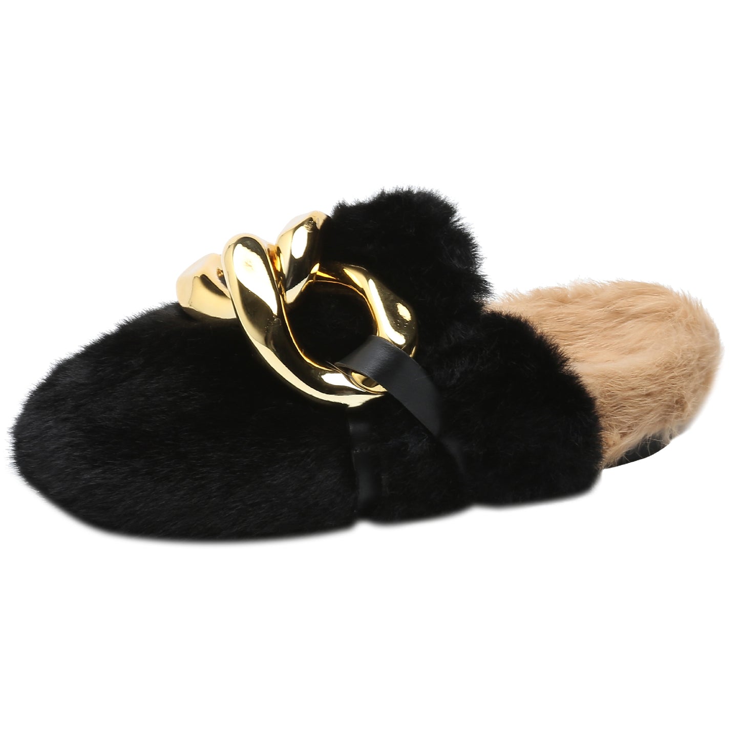 House of Hutson Original Black Fluffy Slippers with Gold Buckle