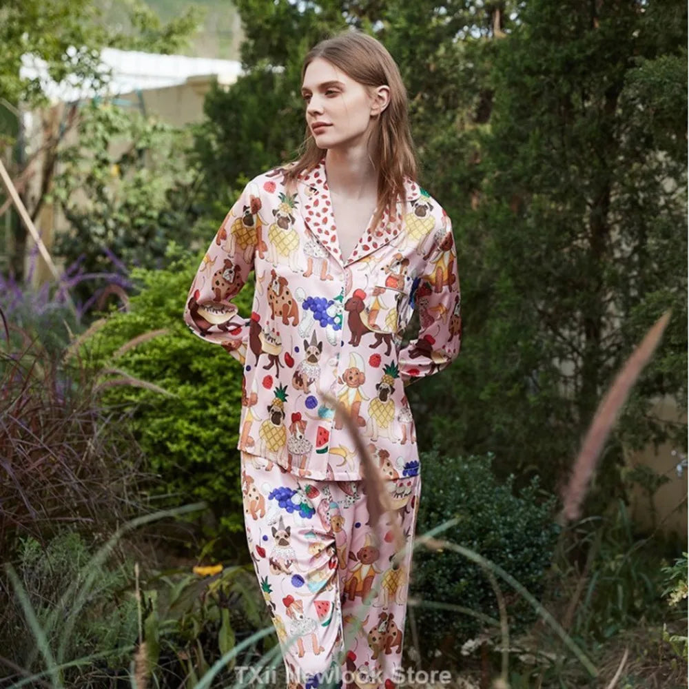 Ice Silk Pajamas Women's High-end Lapel Spring and Summer Long Sleeve Home Suit