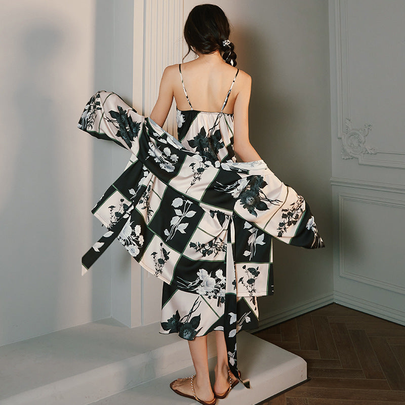 New Pajamas Women's Spring And Summer Sling Robe Ice Silk Satin Two-Piece Home Wear Suit