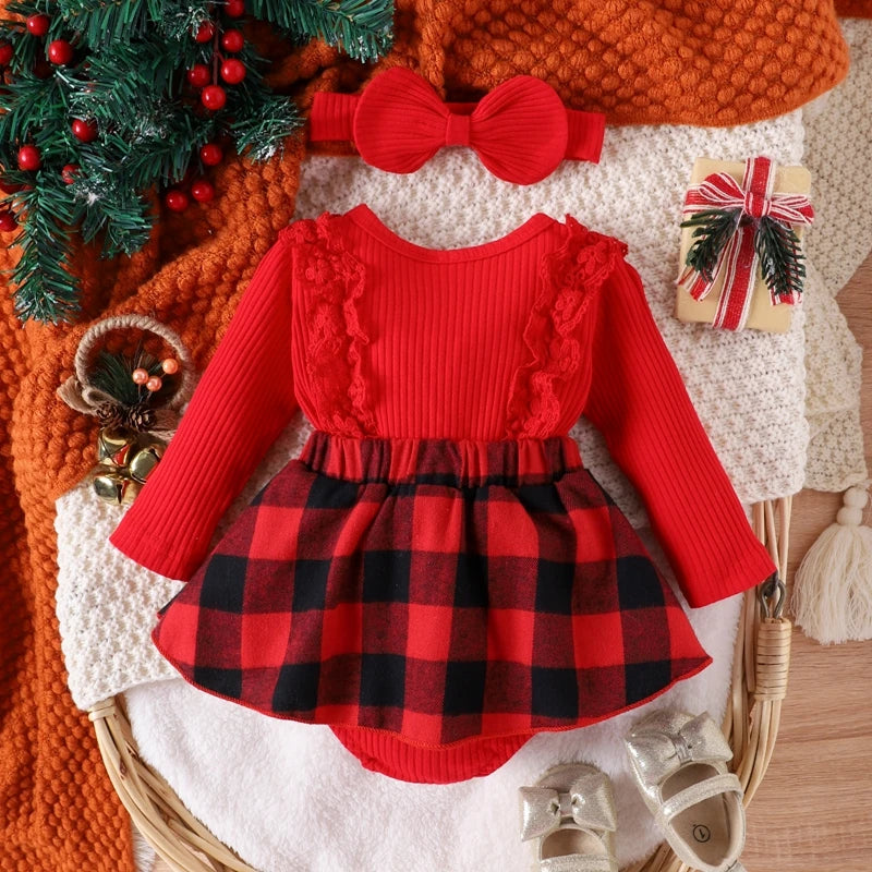 Ugly Sweater Party - Baby girl Christmas style pit stripe splicing lace plaid triangle bag fart jacket set