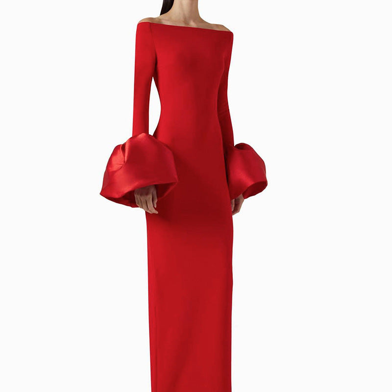 House of Hutson Evening Gown: Women's dress with one shoulder flower bud cuffs solid color long skirt
