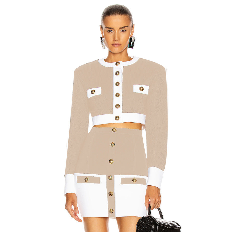 New style socialite temperament metal buckle black and white color matching short knitted cardigan+hip wrap bandage skirt two-piece set