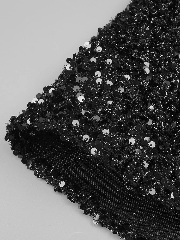 Flash Diamond V-Neck Off Shoulder Black Sequin Dress