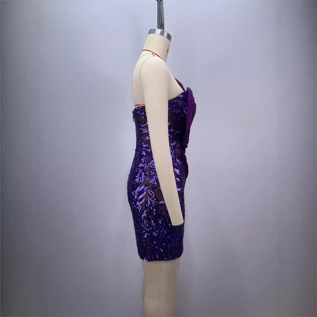 Fashionable backless one shoulder design strapless mesh sequin tight purple mini dress