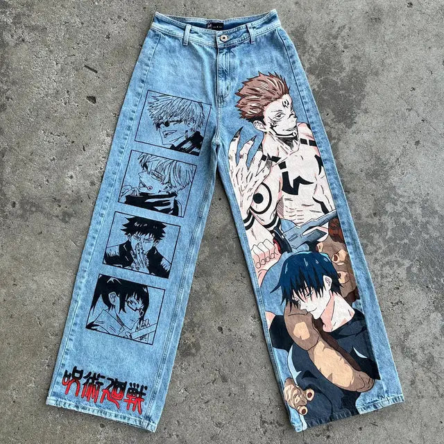 Harajuku Anime print pattern jeans. Men.