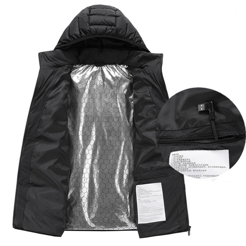 USB Rechargeable Smart Electrical 8 Plate Heating Winter Waterproof Mens Womens Long Sleeve Hoodie Down Jacket NO POWER BANK