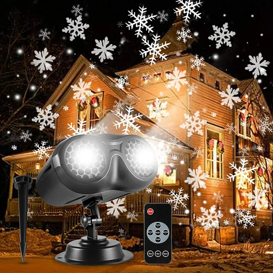 *New Christmas Decor Alert* - Double-Head Christmas Snowfall Projector Light Snowflake Projector Lamp Outdoor Holiday Party Rotating Falling Snow