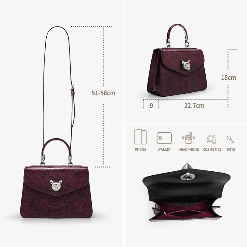 2024 BAFELLI CAT WOMEN'S NEW FASHION HANDBAG LADY STYLISH BUSINESS FEMALE LEATHER LUXURY BRAND CASUAL OL FLORAL WINE PURSE