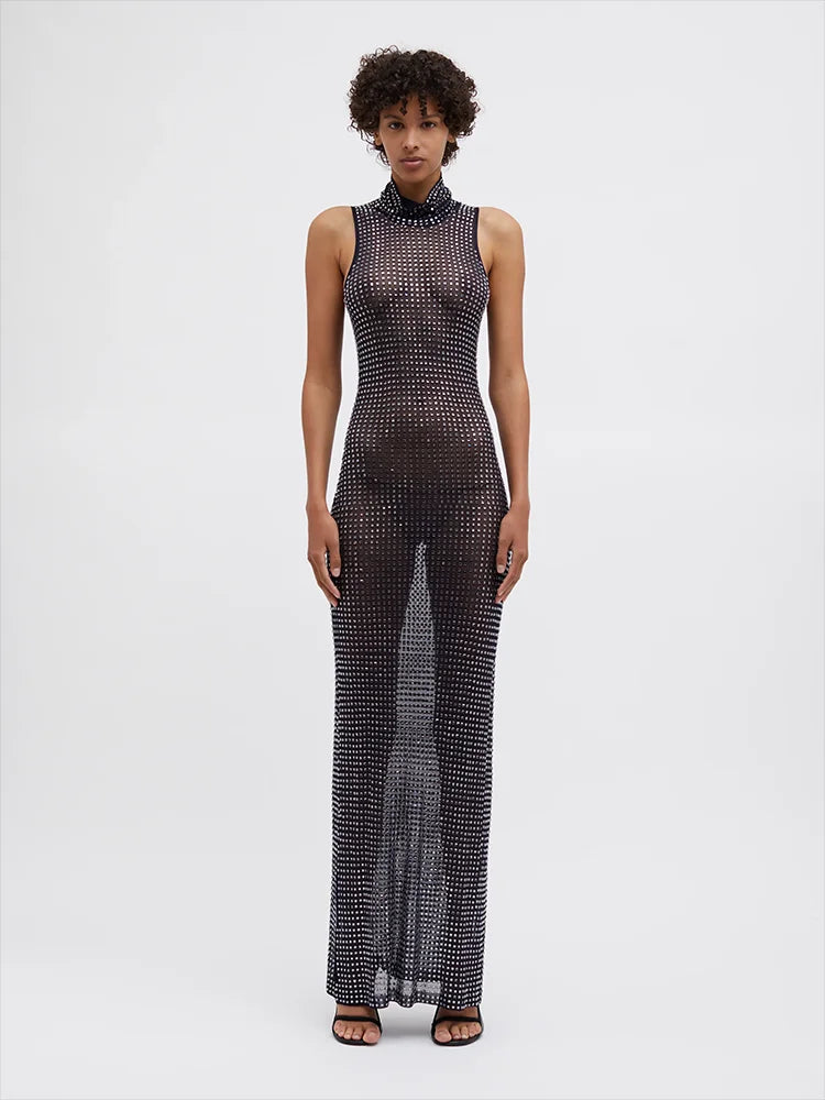 Hot Costume Diamond Perspective Mesh Pile Neck Dress Dress