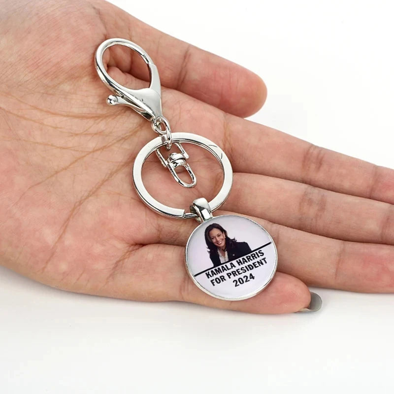 Kamala Harris Keychain With Clasp Classic Round Glass Pendant Key Holder Keyring For Men Women