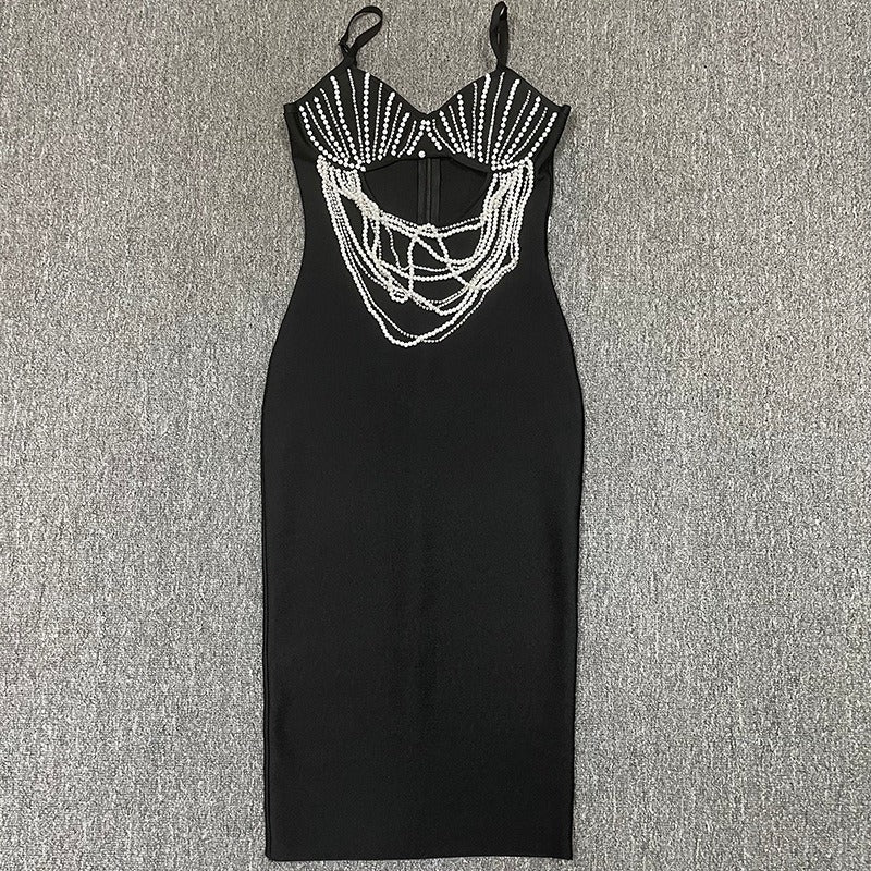 Sexy suspender heavy-duty beaded diamond chain front hollow hip-covering bandage skirt dress