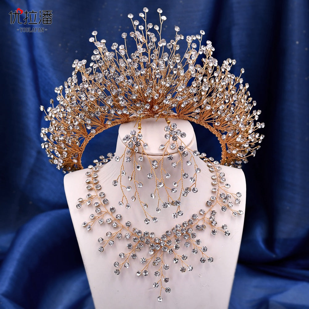 Bridal Headdress New Crown Set Ab Colored Diamond Necklace Earrings Three-Piece Set
