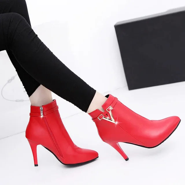 Botas Mujer Invierno 2021 Autumn Stiletto Thin High Heels Woman Pointed Toe Pu Leather Zipper Sexy Ankle Womens Boots A00339