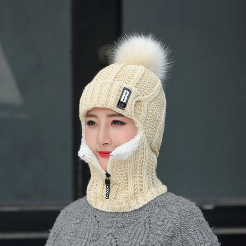 “B-label Shiesty” - knitted, plush, pullover ear protection hat for women with zippered neckband.