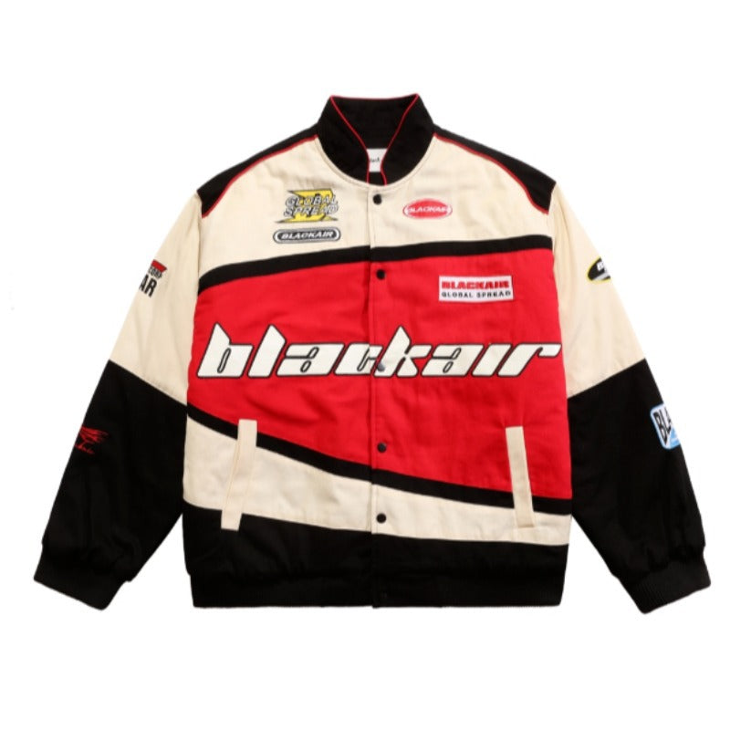 Motorcycle jacket with detachable hood.