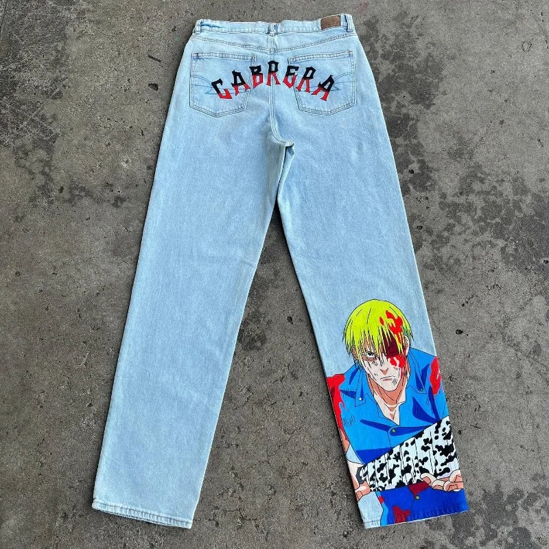 Harajuku Anime print pattern jeans. Men.