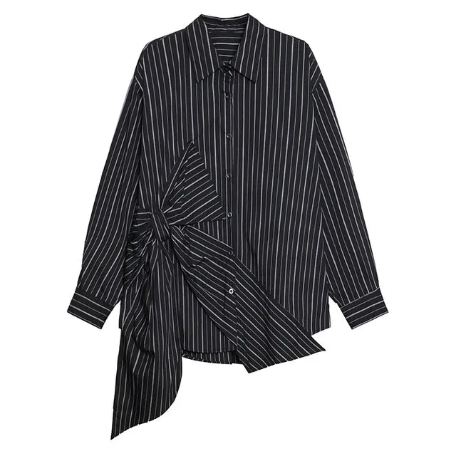 Fashion Women's Black Striped Shirt Lapel Loose Single Breasted Bow Irregular Long Sleeves Blouse Autumn New