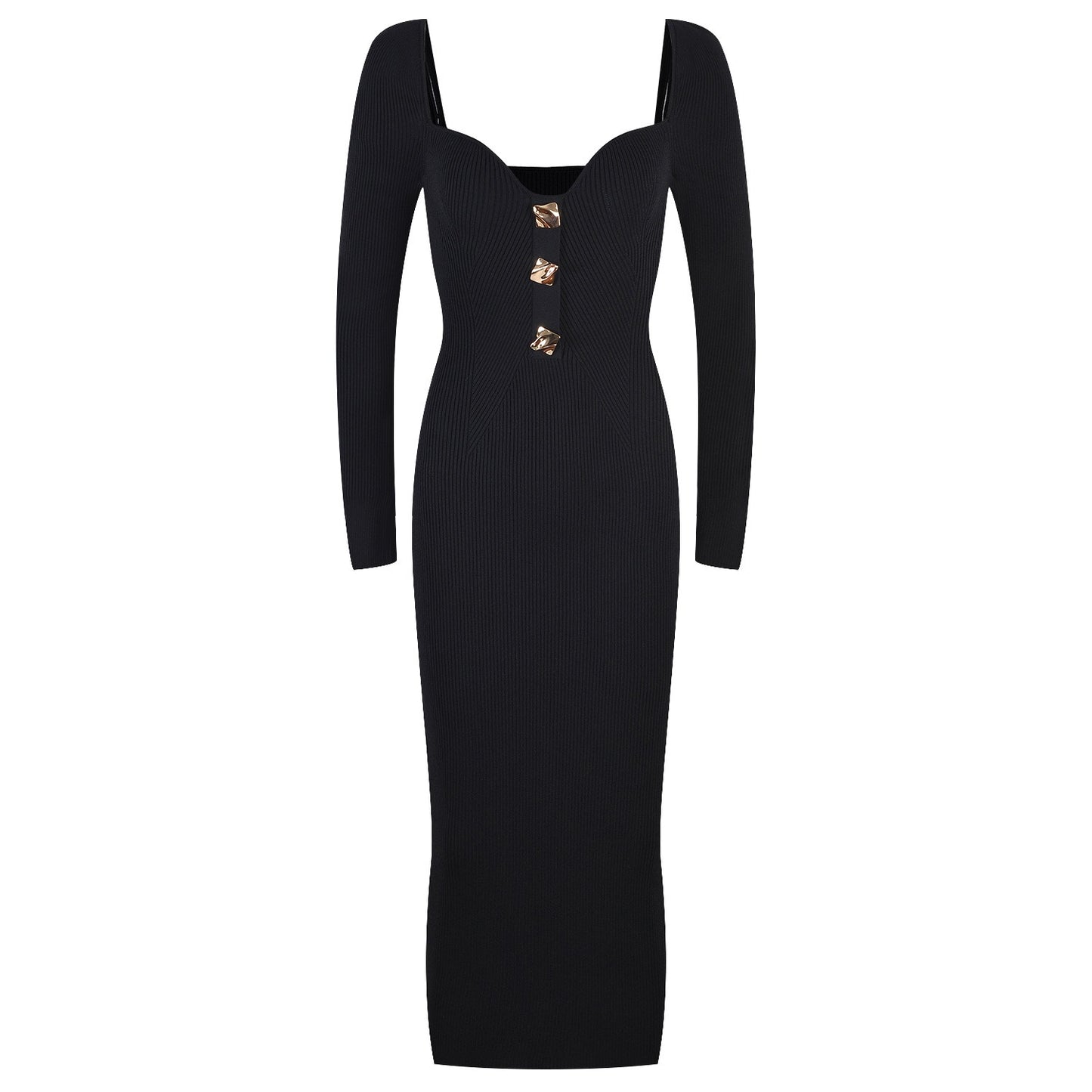 French style gold button slim knit dress autumn and winter fashion square collar long sleeves