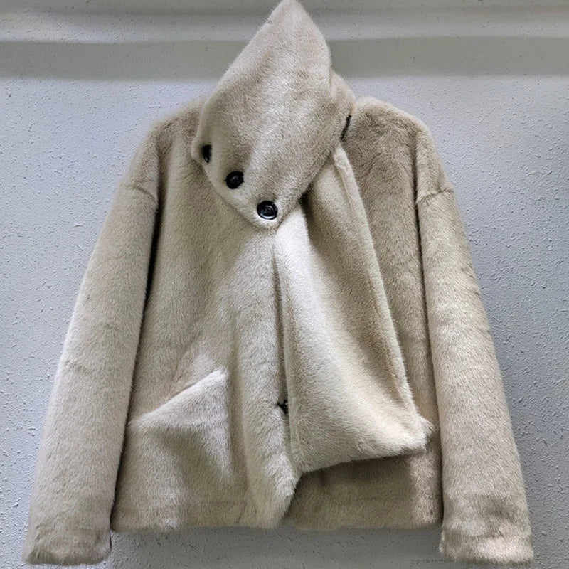 Winter New Fashion Scarf Mink Fur Warm Jacket For Women Loose Solid Color Single-breasted Short Coat Female