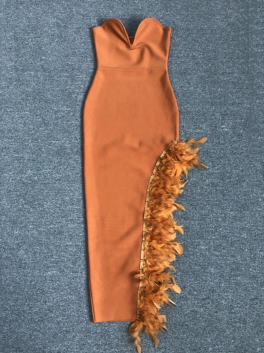 Strapless V-neck off shoulder backless feather split socialite bandage dress for women