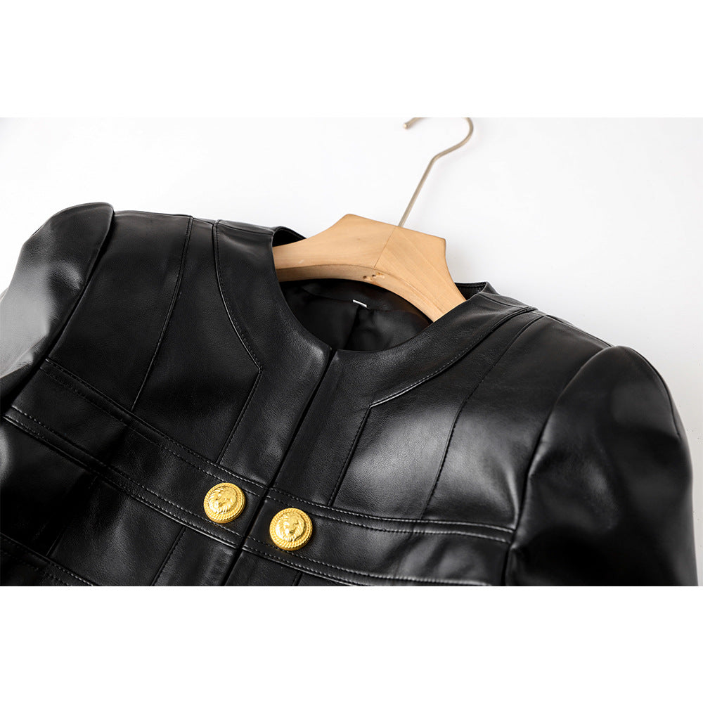 PU leather splicing small round neck shoulder pad cardigan high street style small jacket top temperament small jacket