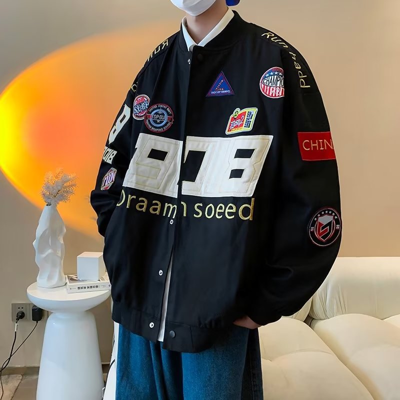 Motorcycle jacket with detachable hood.