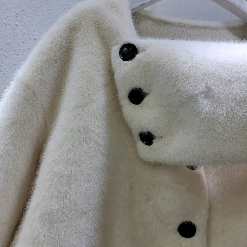 Winter New Fashion Scarf Mink Fur Warm Jacket For Women Loose Solid Color Single-breasted Short Coat Female