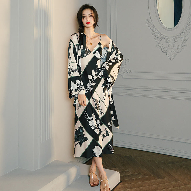 New Pajamas Women's Spring And Summer Sling Robe Ice Silk Satin Two-Piece Home Wear Suit