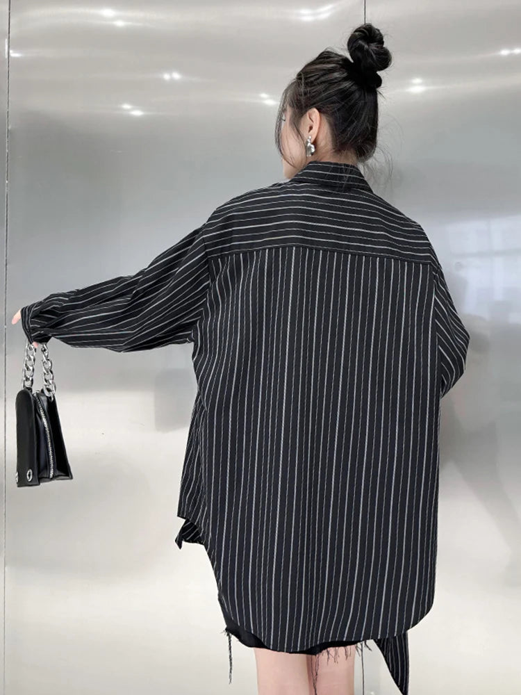 Fashion Women's Black Striped Shirt Lapel Loose Single Breasted Bow Irregular Long Sleeves Blouse Autumn New