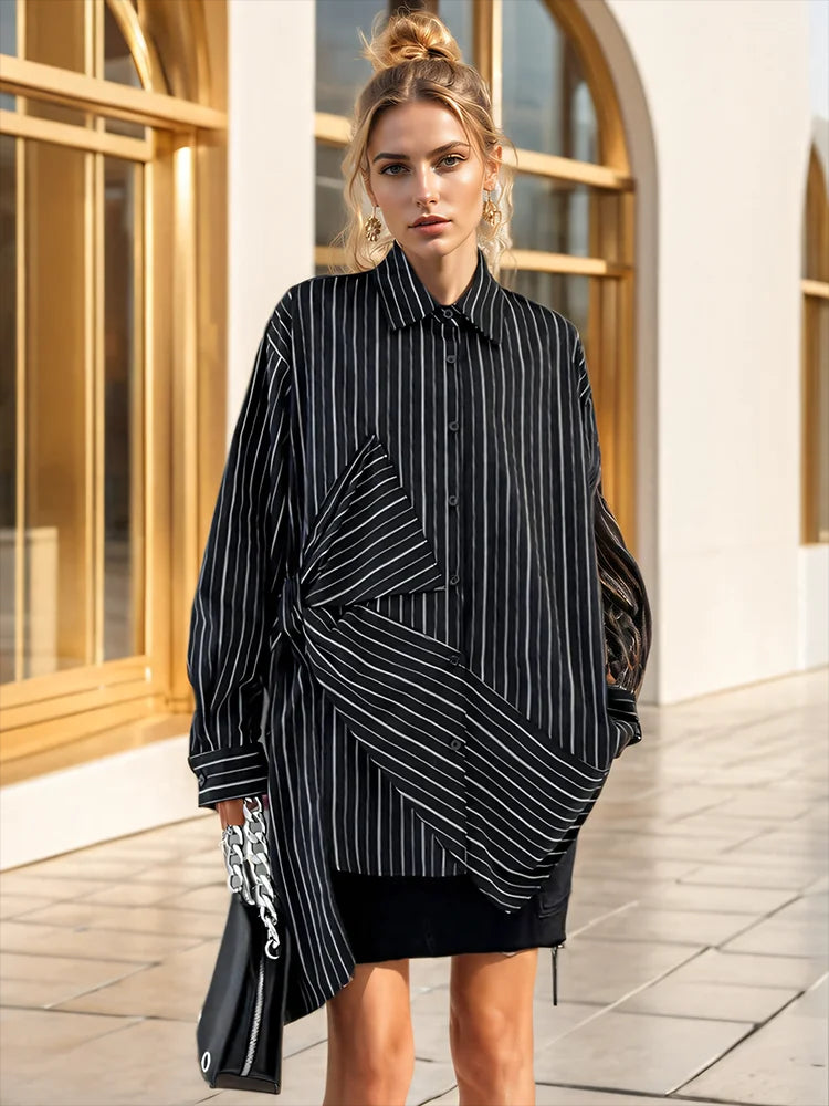Fashion Women's Black Striped Shirt Lapel Loose Single Breasted Bow Irregular Long Sleeves Blouse Autumn New