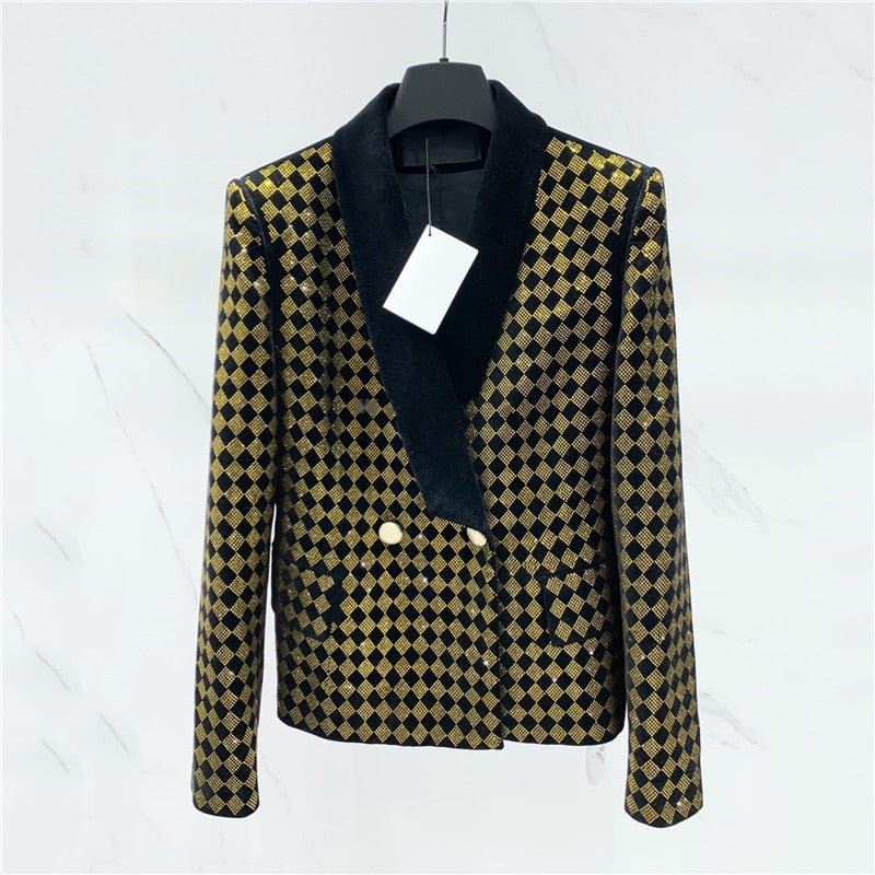 Autumn New Women's Poplin Lapel Blazer Big Brand High Quality Fashion Retro Slim Fit Hit Color Heavy Work Diamond Plaid Top