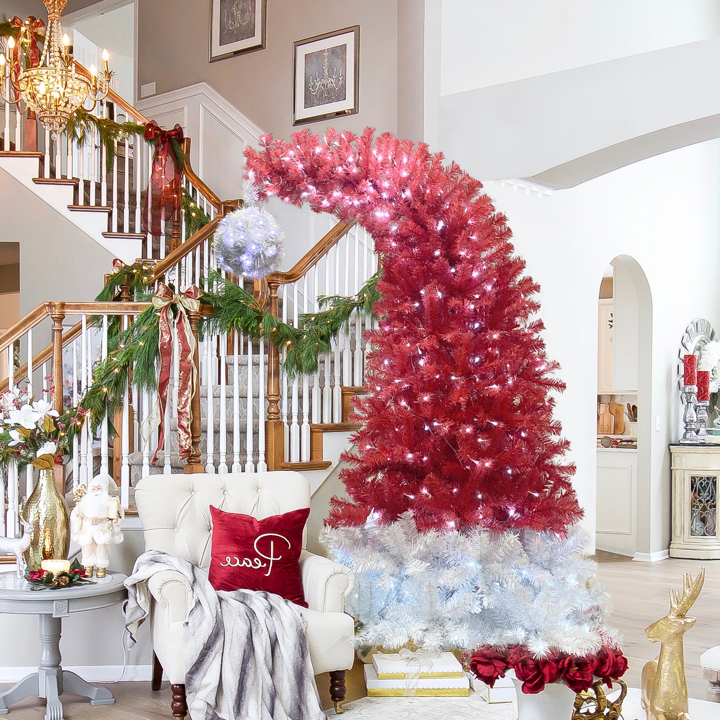 *New Christmas Tree Alert* 6FT hinge fir, artificial. Curved top Christmas tree, bendable, 1250 lush branch hints, 300 LED Christmas lights