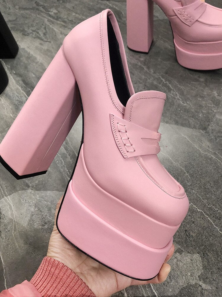 Women's Faux Leather Platform Shoes. New Waterproof High Heels. Square-Round Toe Design.
