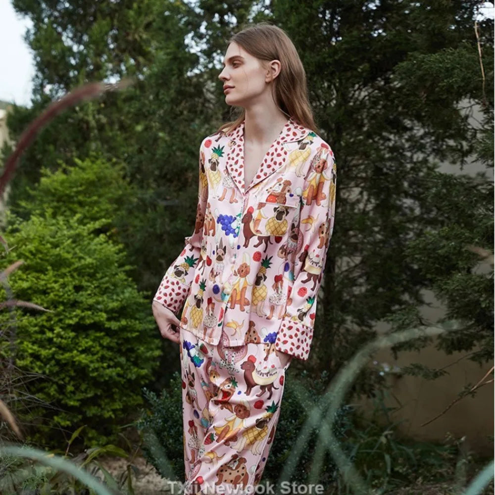 Ice Silk Pajamas Women's High-end Lapel Spring and Summer Long Sleeve Home Suit