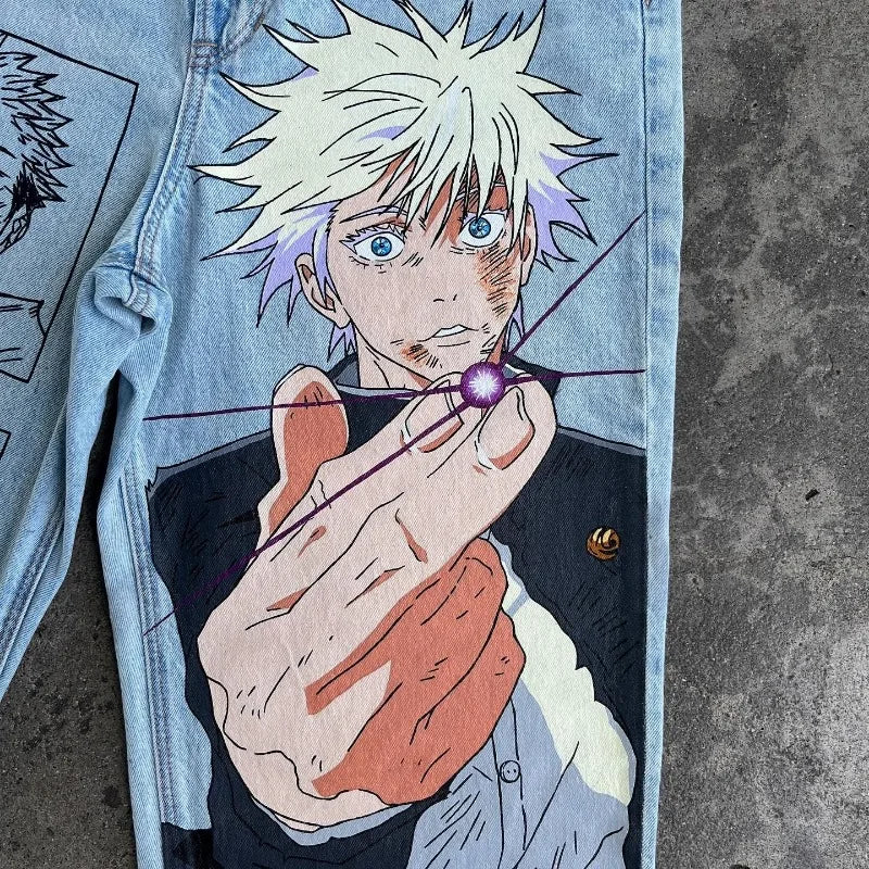 Harajuku Anime print pattern jeans. Men.