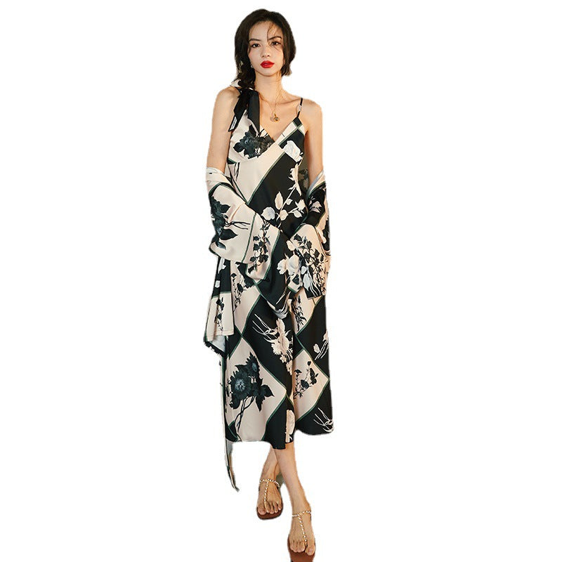 New Pajamas Women's Spring And Summer Sling Robe Ice Silk Satin Two-Piece Home Wear Suit
