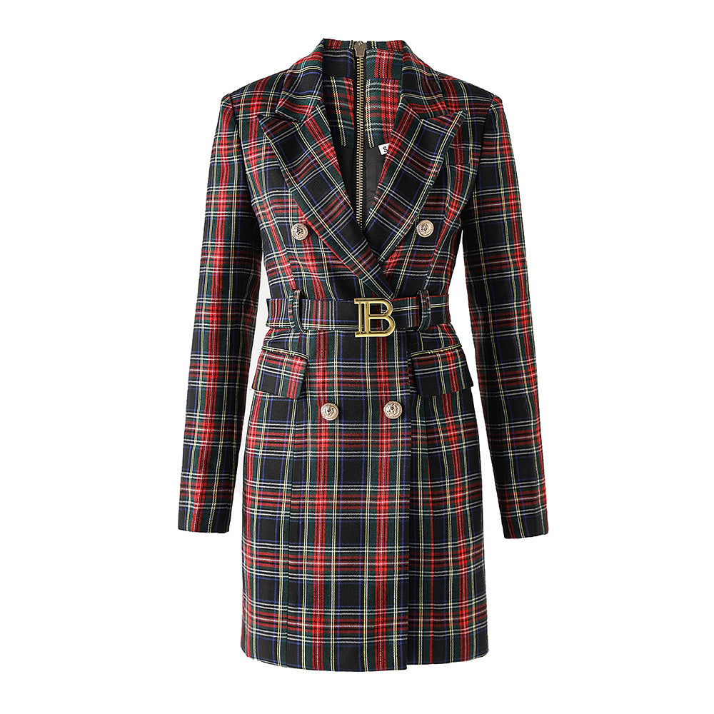 ‘B: The Beginning’ - Red and black checkered temperament waist cinching suit skirt B-belt skirt commuting suit dress