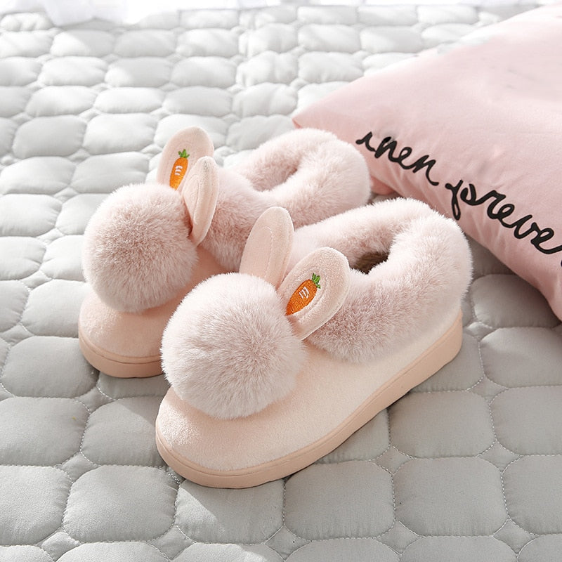 Winter Cotton Slippers Indoor Thick Bottom Autumn Winter Warm Shoes Cute Lovely Rabbit Ear Plus Plush Slippers Shoes Women