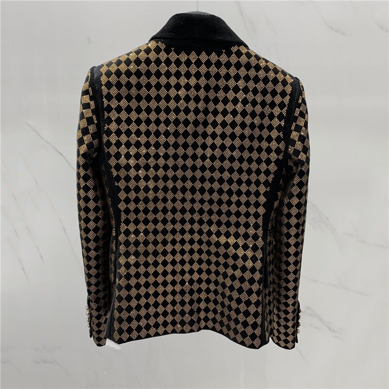 Autumn New Women's Poplin Lapel Blazer Big Brand High Quality Fashion Retro Slim Fit Hit Color Heavy Work Diamond Plaid Top