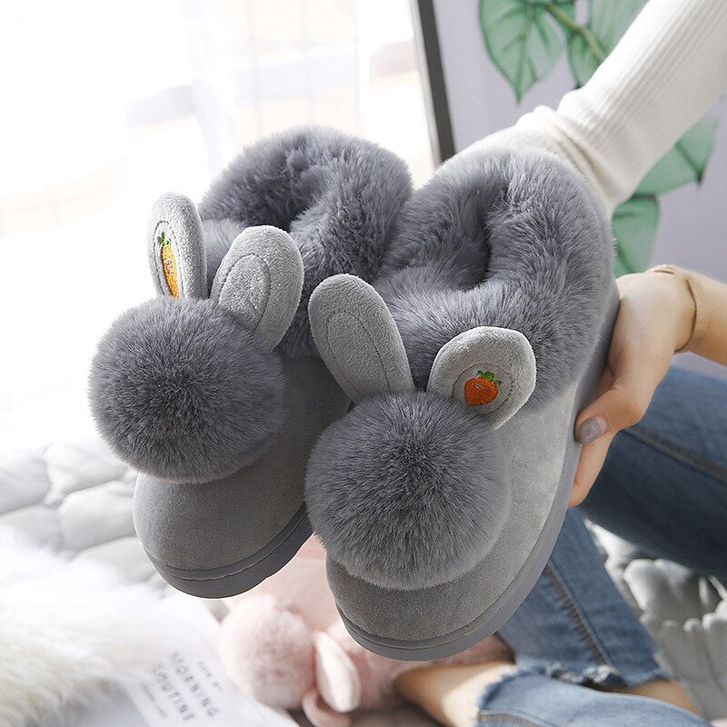 Winter Cotton Slippers Indoor Thick Bottom Autumn Winter Warm Shoes Cute Lovely Rabbit Ear Plus Plush Slippers Shoes Women