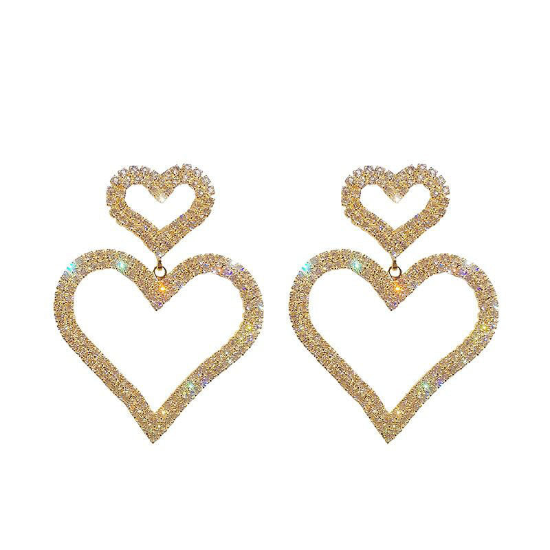 S925 Silver Needle Stud Fashion Exaggerated Diamond Double Heart Earrings Temperament Versatile Long Peach Heart Earrings Women