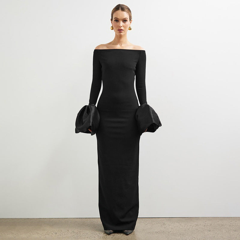 House of Hutson Evening Gown: Women's dress with one shoulder flower bud cuffs solid color long skirt