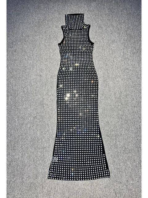 Hot Costume Diamond Perspective Mesh Pile Neck Dress Dress